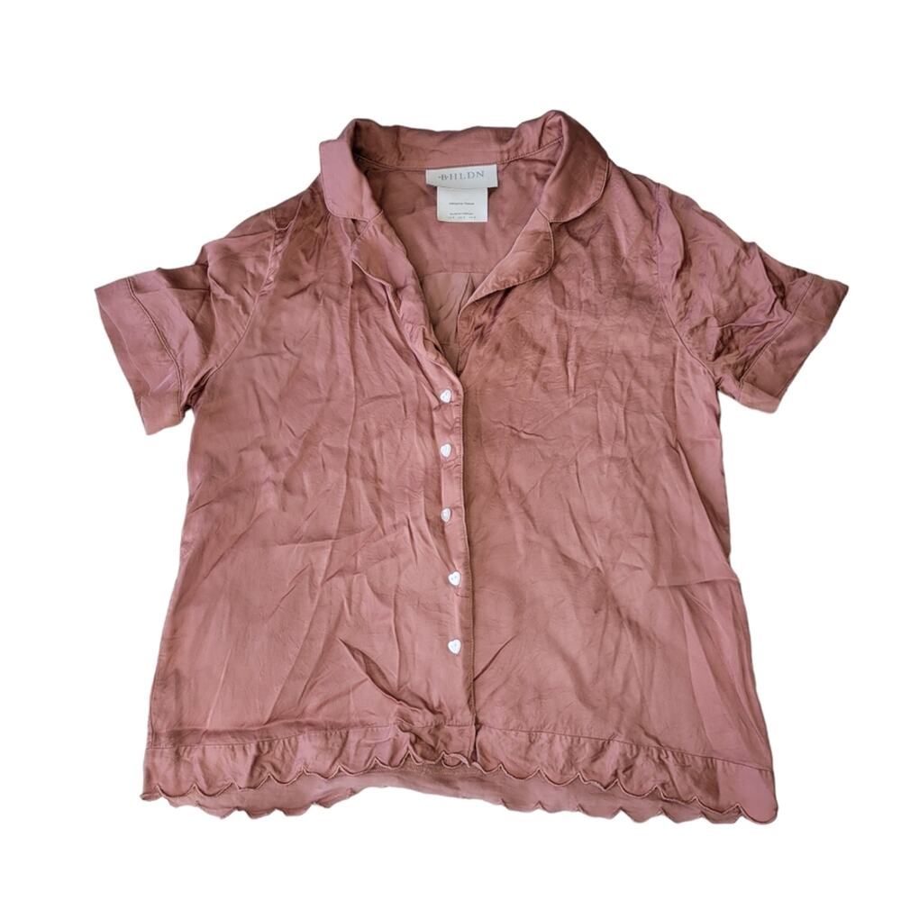 BHLDN Juniper Scalloped Heart Button Down Satin Pajama Top Shirt Blouse Small